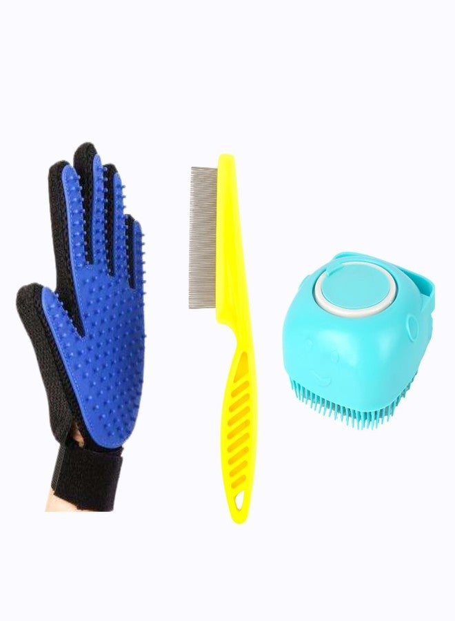 مجموعة العناية بالحيوانات الأليفة - قفاز لإزالة الشعر الزائد مع فرشاة استحمام بالشامبو ومشط دقيق الأسنان للبراغيث، عبوة من 3 قطع - Image 1